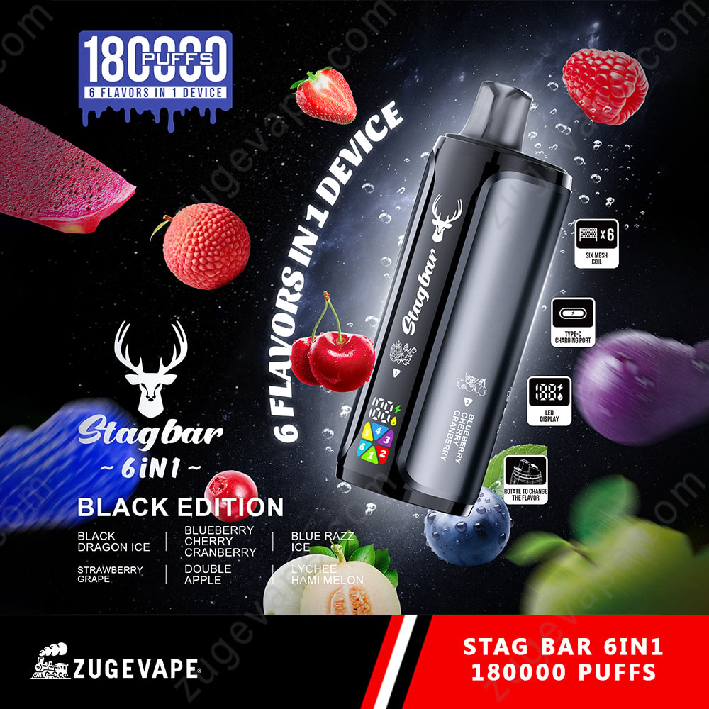 Stagbbar 6-in-1 Black Edition Vape-Gerät mit sechs Geschmacksrichtungen in einer schwarzen, zylindrischen Kapsel, umgeben von bunten Fruchtgarnierungen und spritzigen Grafiken.