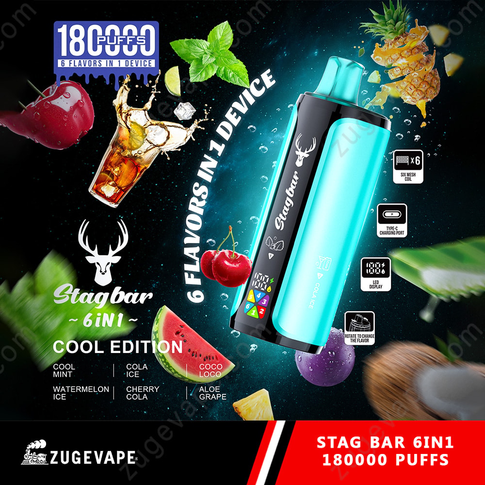 Stagbar 6-in-1 gekühltes Vape-Gerät mit türkisfarbenem Gehäuse, schwarzen Bedienelementen und bunten Geschmackssymbolen; umgeben von Früchten und Eis, Text hebt 180.000 Züge hervor und Cool Edition.