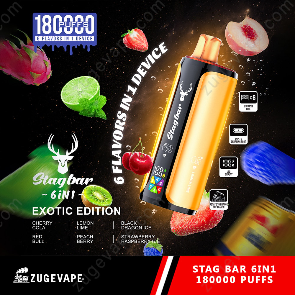 Stagbar 6-in-1 Exotic Edition Vape-Gerät in Gold/Schwarz mit bunten Früchten herum; Text hebt 180.000 Züge und sechs Mesh-Spulen hervor.