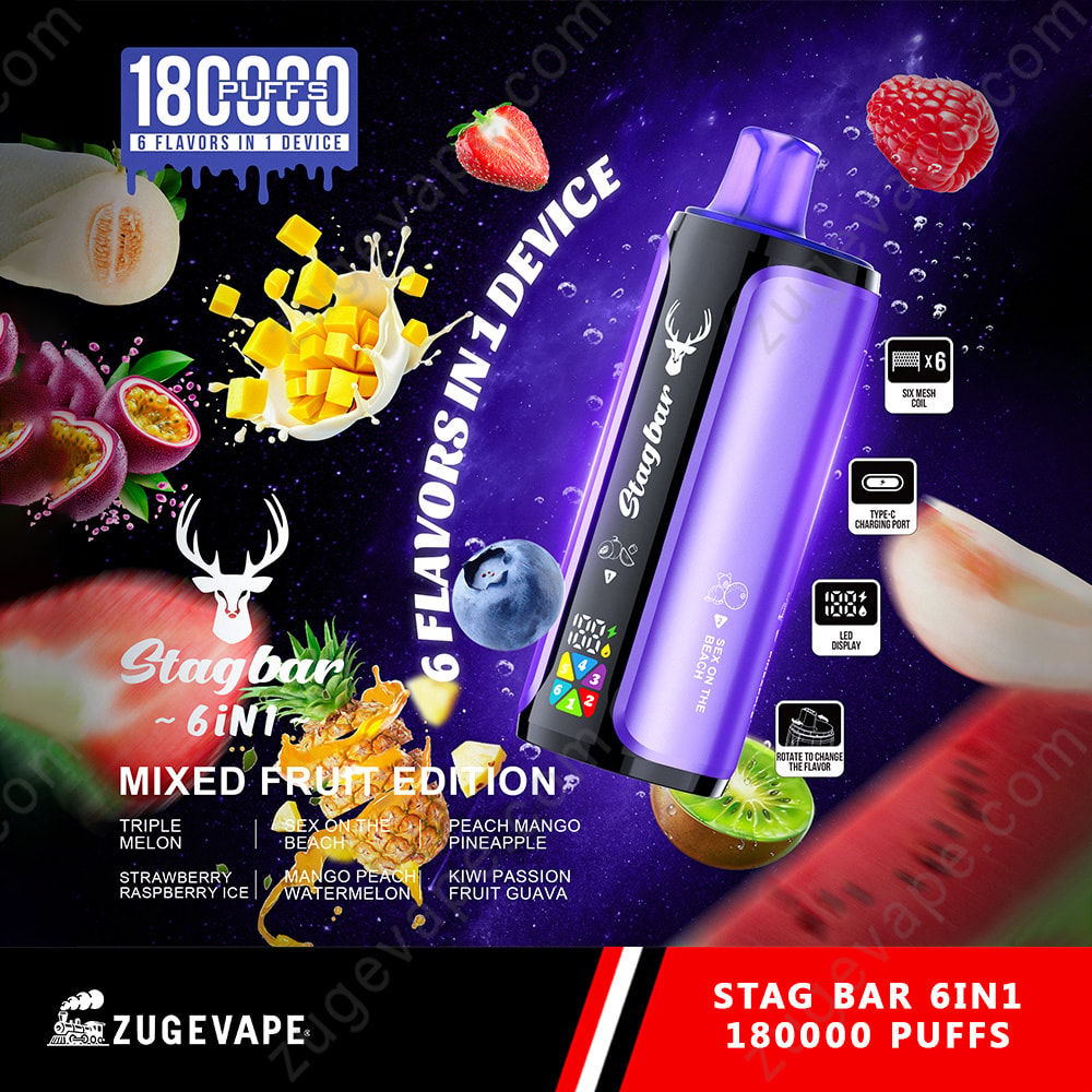Stagbar 6-in-1 Mixed Fruit Edition Vape-Gerät in Lila mit schwarzem Panel, umgeben von bunten Früchten (Erdbeeren, Himbeeren, Mango, Ananas, Kiwi, Melone) und Spritzern Milch und Saft, Text hebt “180000 Puffs” und Liste der Geschmacksrichtungen hervor.