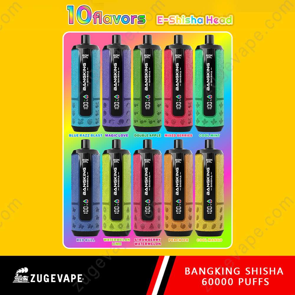 Bang King Shisha 60000 Puffs – Dtl Shisha 60K Vape 2 Assorted Bangkok King Shisha Vape Devices In Ten Colorful Flavors Arranged In Two Rows On A Yellow Background With A Black Banner At The Bottom.