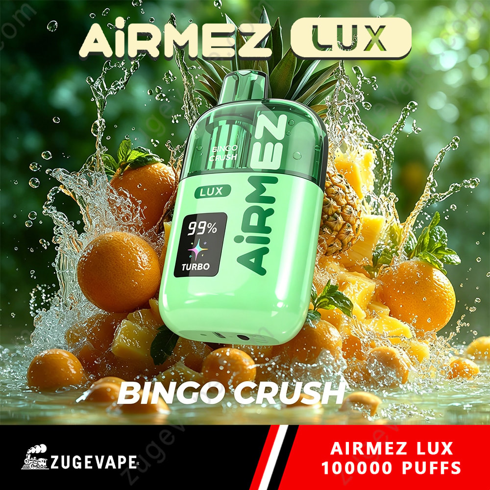 Airmez Lux 100000 Puffs - 100K Vape Dual Modes &Amp; Led Display (Eu Warehouse) 12 Bright Green Vape Device Labeled Airmez Lux Surrounded By Splashing Water And Citrus Fruits (Oranges And Pineapple) With Bold White Text Bingo Crush And Branding At Bottom.