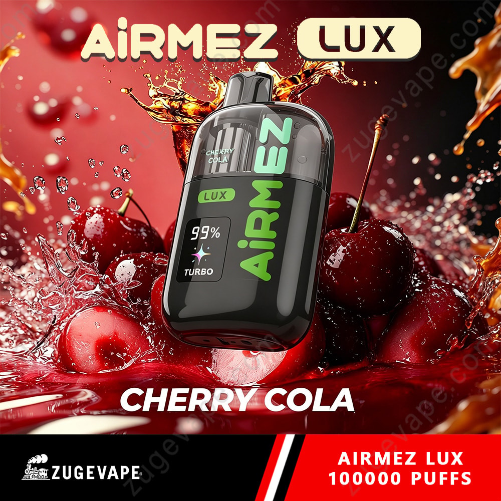 Airmez Lux 100000 Puffs - 100K Vape Dual Modes &Amp; Led Display (Eu Warehouse) 11 Cherry Cola Flavored Disposable Vape Device With Black And Green Design, Labeled Airmez Lux N E N On A Splashy Red Background With Cherries.