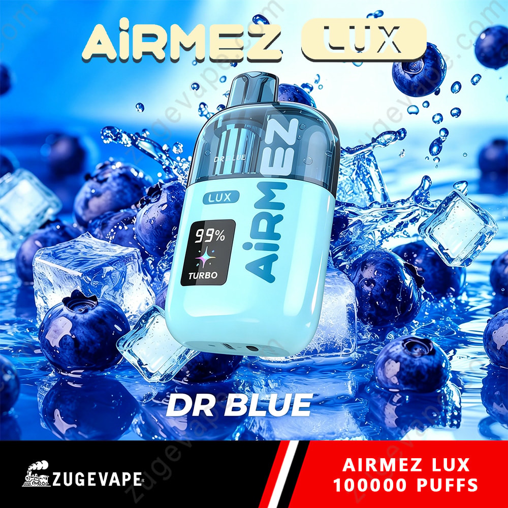 Airmez Lux 100000 Puffs - 100K Vape Dual Modes &Amp; Led Display (Eu Warehouse) 10 Bright Blue Airmez Lux Vape Device With A Black-Topped Tank, Label 99% Turbo, Surrounded By Ice Cubes And Blueberries; Text Reads Dr Blue.