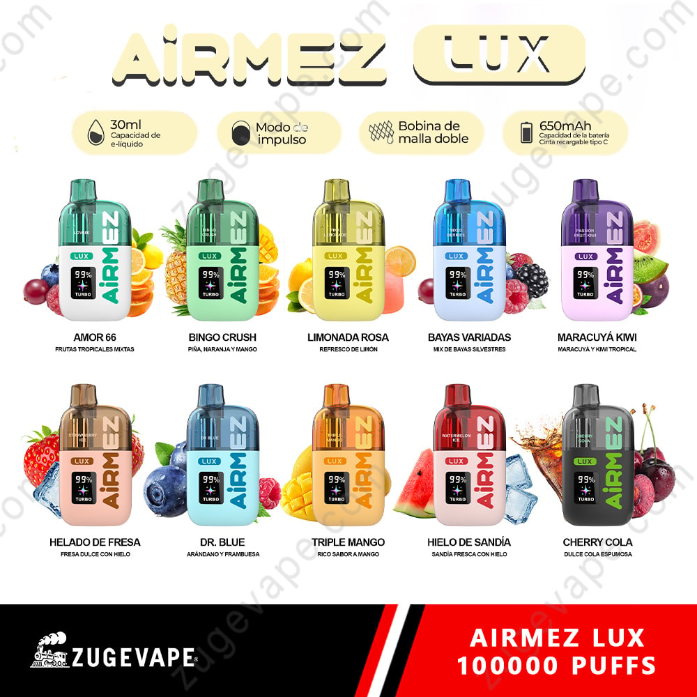 Airmez Lux 100000 Puffs - 100K Vape Dual Modes &Amp; Led Display (Eu Warehouse) 2 A Colorful Product Lineup Of Airmez Lux Vape Bottles In Various Flavors And Colors Arranged In Two Rows, With Brand Logos And Text Highlights At The Top And A Black Red Banner At The Bottom.