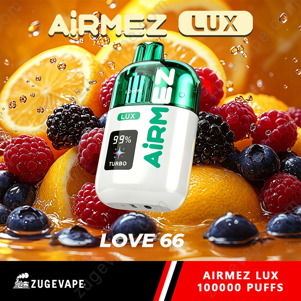 Airmez Lux 100000 Puffs - 100K Vape Dual Modes &Amp; Led Display (Eu Warehouse) 9 Airmez Lux Bottle With Green Cap Floating Among Sliced Oranges And Berries, White Body, Turbo 99% Display, Bold White And Teal Text, Vibrant Fruity Background.