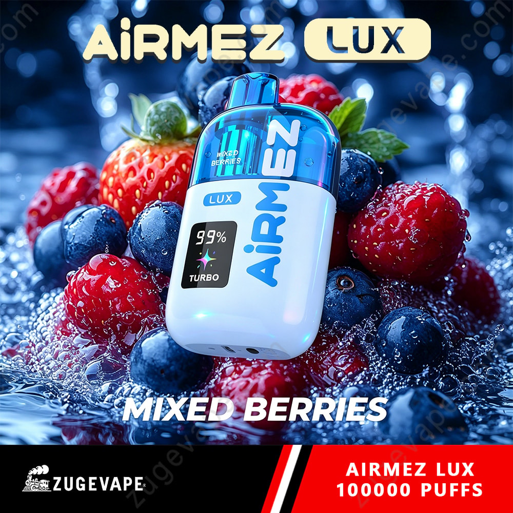 Airmez Lux 100000 Puffs - 100K Vape Dual Modes &Amp; Led Display (Eu Warehouse) 8 Mixed Berries Surrounding A Blue And White Vape Device Labeled Airmez Lux With 99% Turbo Display And &Quot;Mixed Berries&Quot; Text.