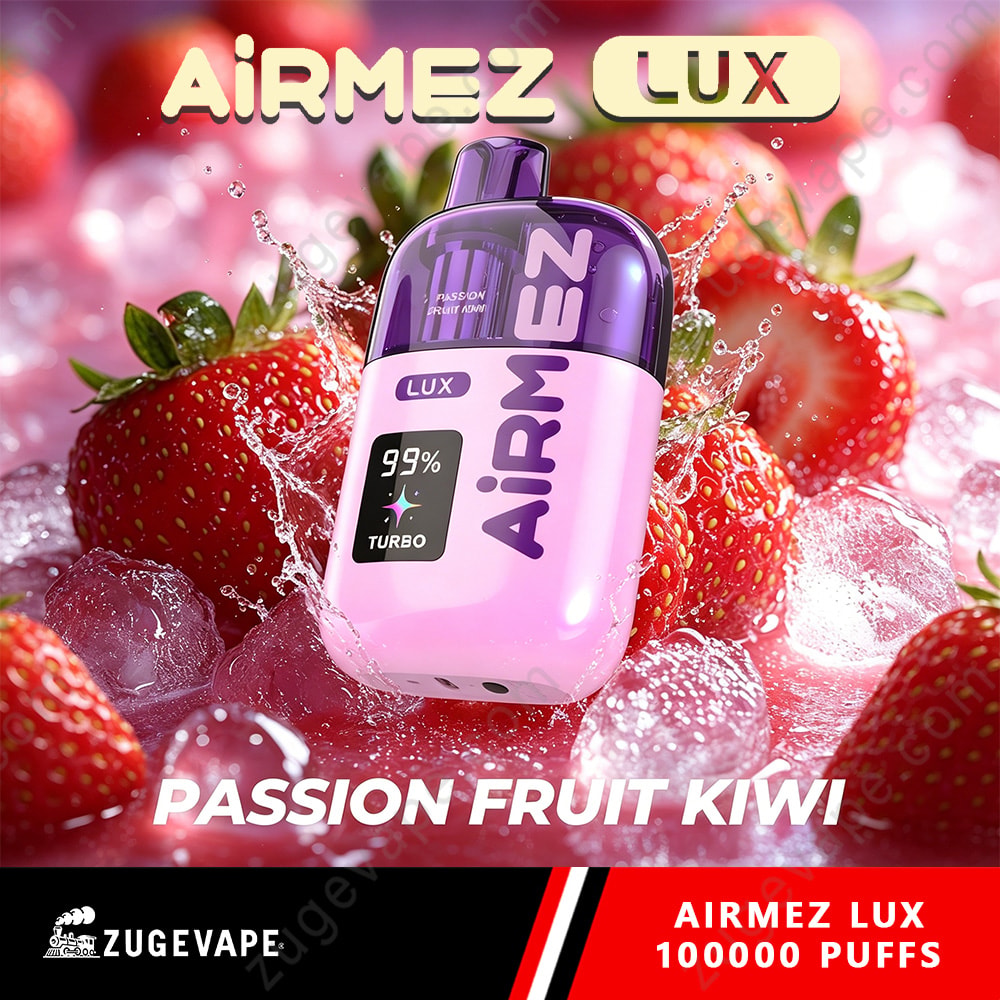 Airmez Lux 100000 Puffs - 100K Vape Dual Modes &Amp; Led Display (Eu Warehouse) 7 Airmez Lux Purple And Pink Vape Device Labeled Airmez With Passion Fruit Kiwi Flavor, Surrounded By Strawberries And Ice.