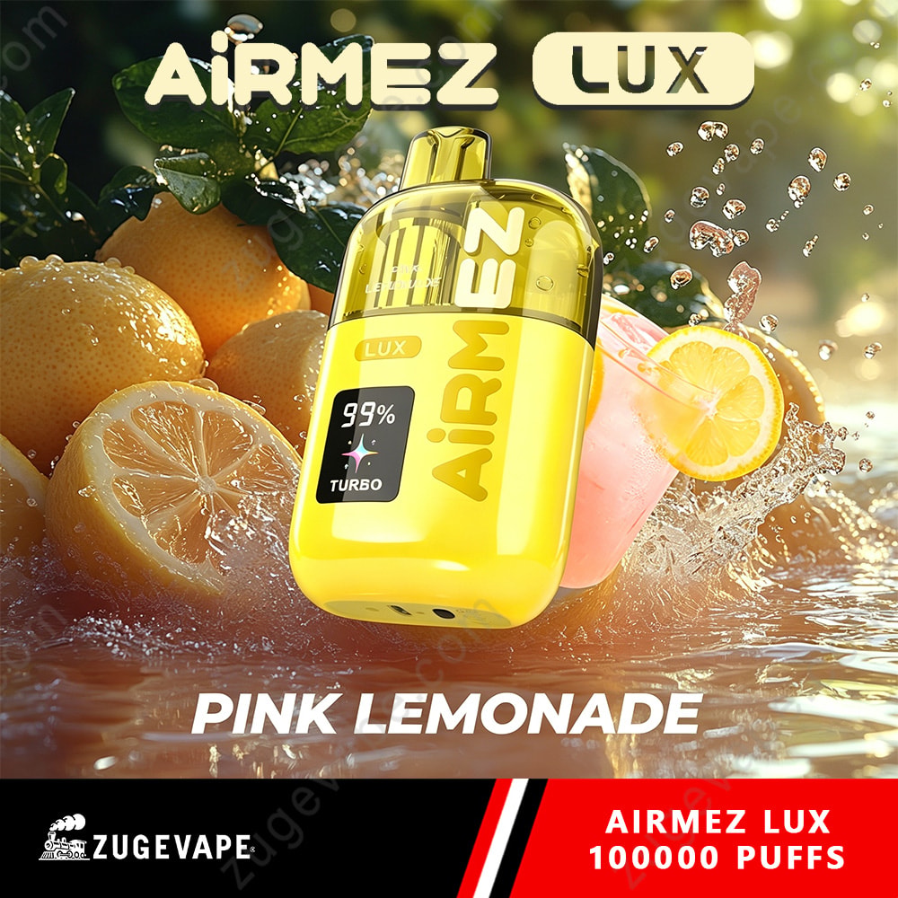Airmez Lux 100000 Puffs - 100K Vape Dual Modes &Amp; Led Display (Eu Warehouse) 6 A Bright Yellow Vape Device Labeled Airmez Lux With A Pink Lemonade Splash Background, Lemons In The Foreground, And Bold Text Pink Lemonade At The Bottom.