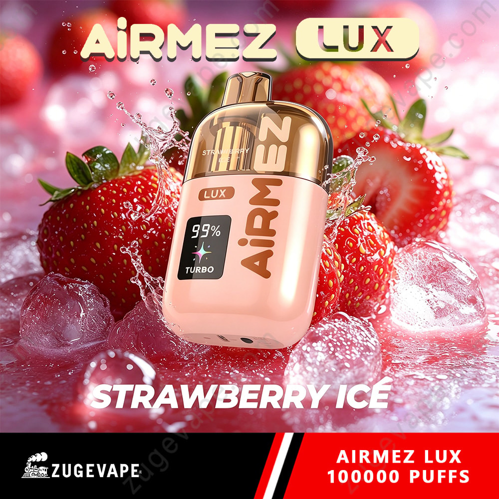 Airmez Lux 100000 Puffs - 100K Vape Dual Modes &Amp; Led Display (Eu Warehouse) 5 Strawberry Ice Flavor Vape Device With Pinkish Metallic Cap, Surrounded By Strawberries And Ice, Branding “Airmez Lux” And Text “Strawberry Ice” At Bottom.
