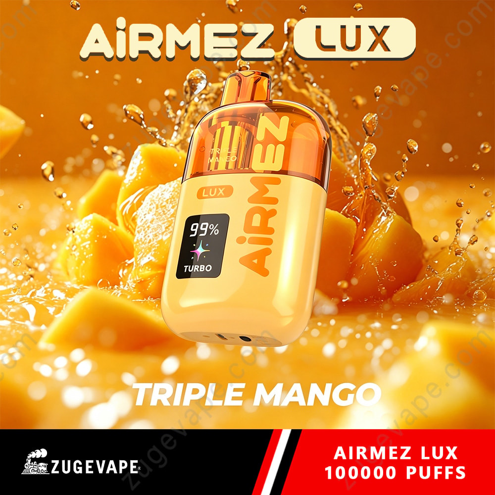 Airmez Lux 100000 Puffs - 100K Vape Dual Modes &Amp; Led Display (Eu Warehouse) 4 Triple Mango Airmez Lux Vape Device With Orange Cap, Displayed Against Mango Splash Background And Bold Product Branding.