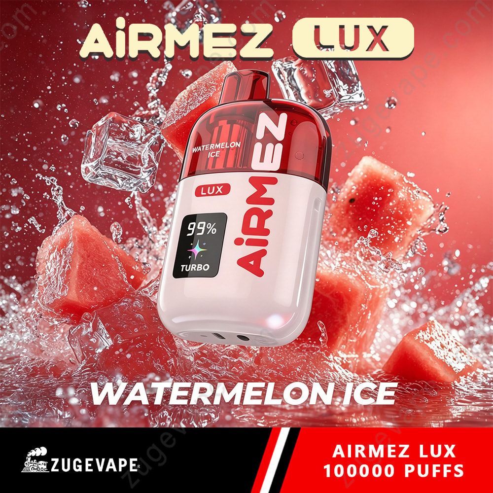 Airmez Lux 100000 Puffs - 100K Vape Dual Modes &Amp; Led Display (Eu Warehouse) 3 Watermelon Ice Flavor Vape Device By Airmez Lux, White And Red Pod With A Small Display, Surrounded By Watermelon Chunks And Ice, Brand Text At Top And Bottom.