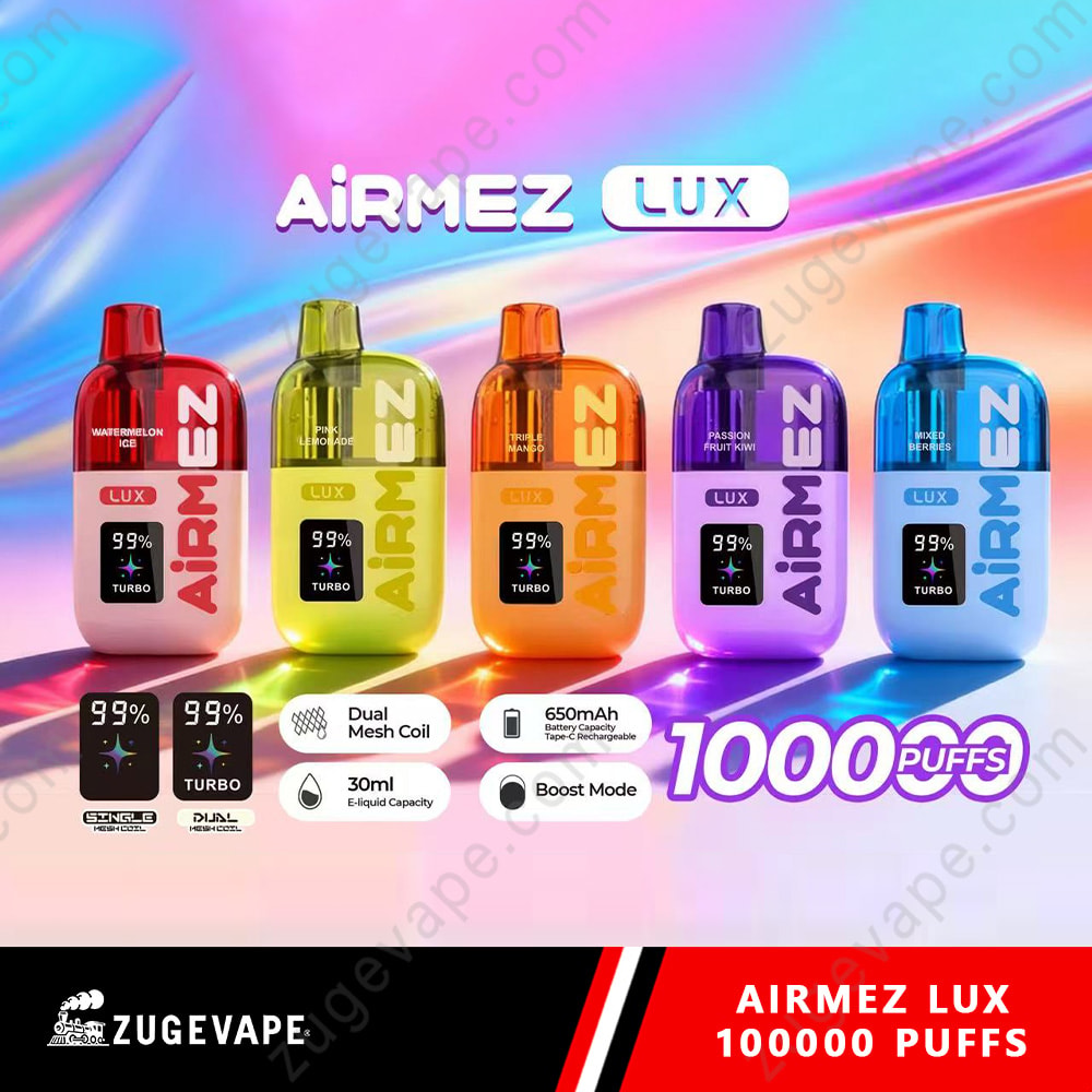 Airmez Lux 100000 Puffs - 100K Vape Dual Modes &Amp; Led Display (Eu Warehouse) 1 Colorful Display Of Five Bottle-Shaped Vaporizers In Red, Yellow, Orange, Purple, And Blue With “Airm Ez Lux” Branding And A Glossy Holographic Background.