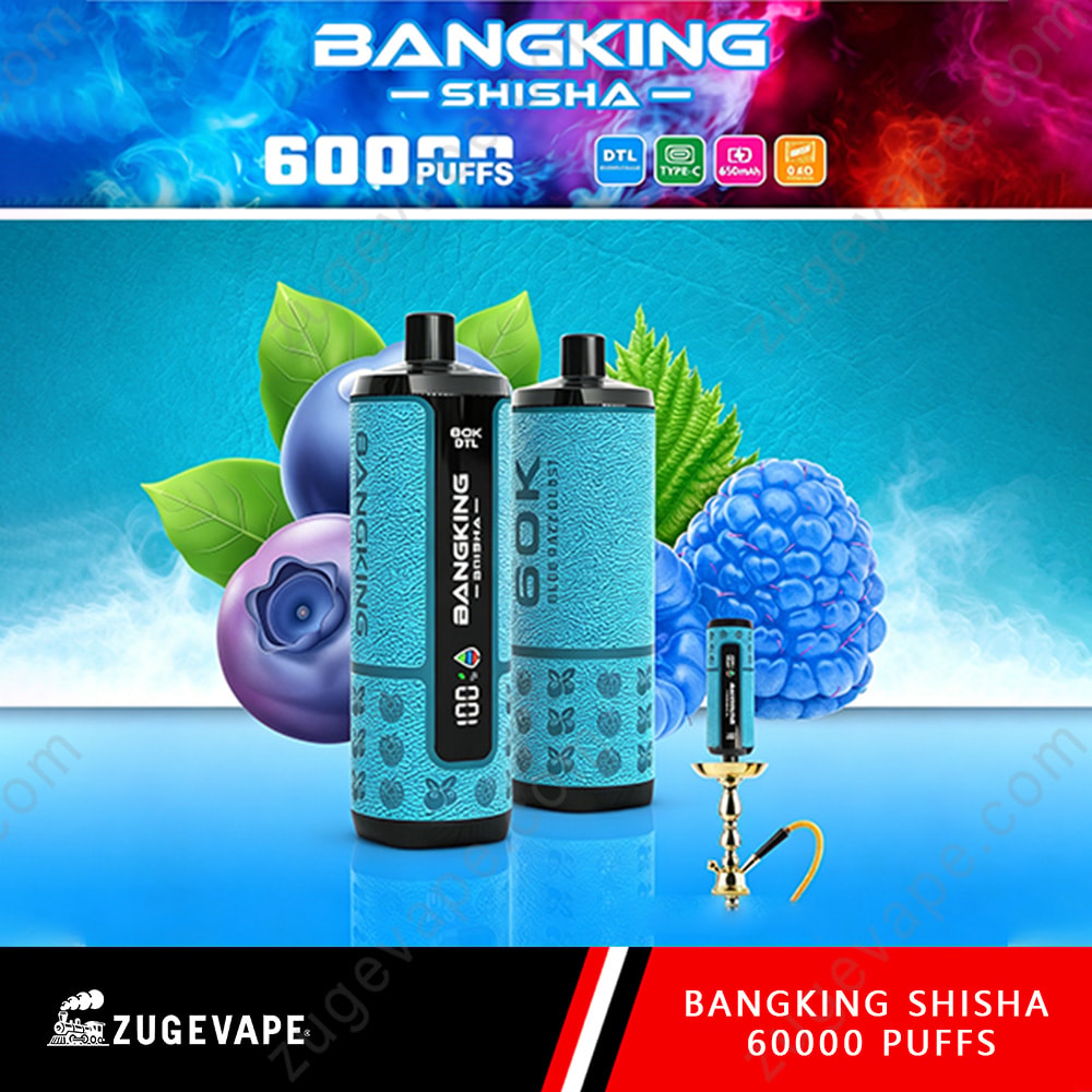 Bang King Shisha 60000 Puffs – Dtl Shisha 60K Vape 8 Bangking Shisha 6000 Puffs Colorful Vape Packaging With Blue Bottles And Fruit Background, Black Mouthpiece, And Zotudevape Logo At Bottom Left.