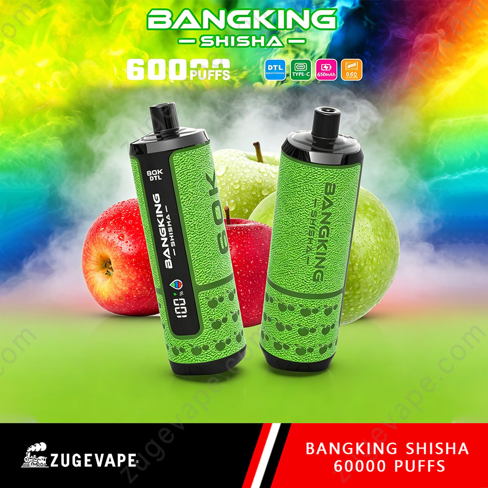 Bang King Shisha 60000 Puffs – Dtl Shisha 60K Vape 6 Two Green Bangking Shisha 6000 Puffs Vape Devices Stand On A Colorful Background With Apples; Bold Branding And Product Text Appear At Top And Bottom.