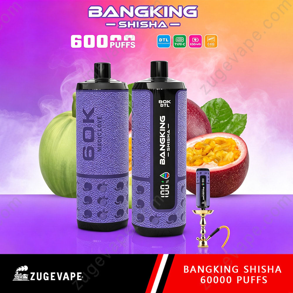 Bang King Shisha 60000 Puffs – Dtl Shisha 60K Vape 5 Two Vaping Devices With A Purple And Black Design Labeled Bangking Shisha, Beside A Green Apple And A Passion Fruit, On A Purple-To-Pink Gradient Background With Product Text Above.