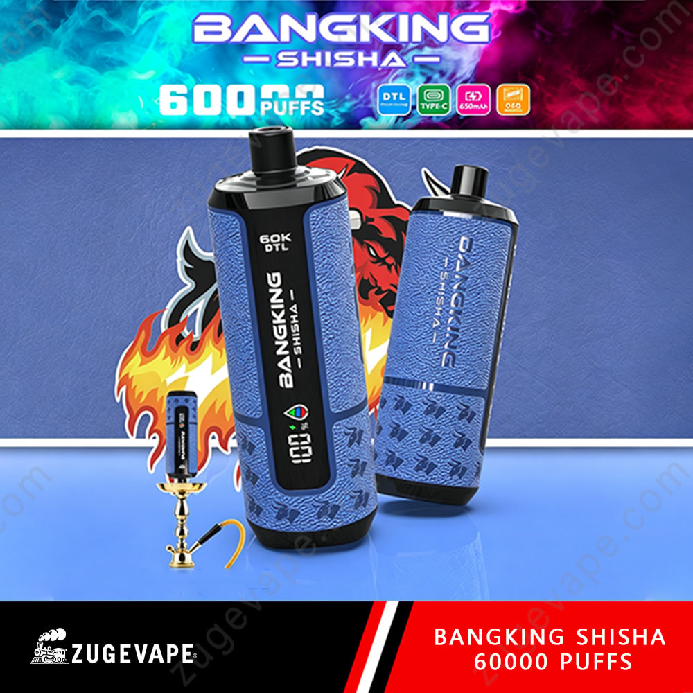 Bang King Shisha 60000 Puffs – Dtl Shisha 60K Vape 9 Two Blue Bangking Shisha 6000 Puffs Vape Devices With A Leather-Like Pattern On A Blue Background, Plus A Small Hookah Accessory In The Foreground And Bold Advertising Text At Top And Bottom.
