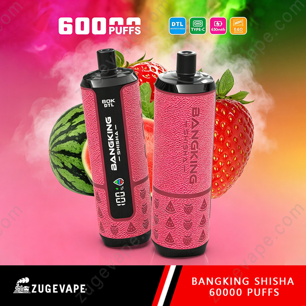 Bang King Shisha 60000 Puffs – Dtl Shisha 60K Vape 4 Two Pink Bangking Shisha Vape Pods With Textured Fruit-Pattern Bodies, One Showing A Display, Set Against A Colorful Gradient Background With Watermelons And Strawberries.