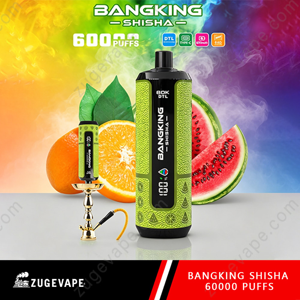 Bang King Shisha 60000 Puffs – Dtl Shisha 60K Vape 3 Bangking Shisha Device With Green Patterned Body, Digital Display, Accompanied By A Small Matching Pod And A Hookah At Left, Set Against Bright Fruit Backdrop (Orange, Watermelon) And Colorful Gradient.