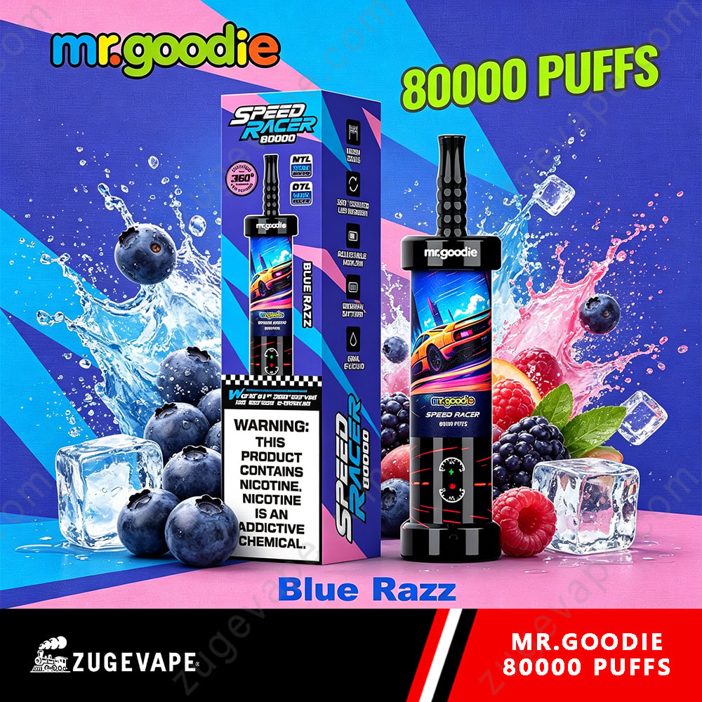 Mr. Goodie Speed Racer 80000 Puffs Dual Mode 80K Vape 10 Blue And Pink Promotional Image For Mr. Goodie Vape Product &Quot;Blue Razz&Quot; With A Boxed Device And A Bottle, Surrounded By Ice, Berries, And Splashes, Text &Quot;80000 Puffs&Quot; And Brand Logos.