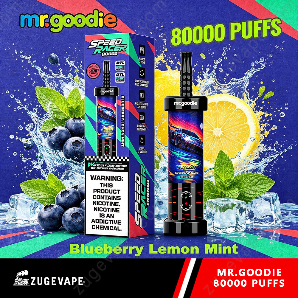 Mr. Goodie Speed Racer 80000 Puffs Dual Mode 80K Vape 9 Blueberry Lemon Mint E-Liquid Bottle And Box Labeled Speed Racer, With A Vibrant Blue Background, Lemon Slices, Blueberries, And Ice, Promoting 80000 Puffs.