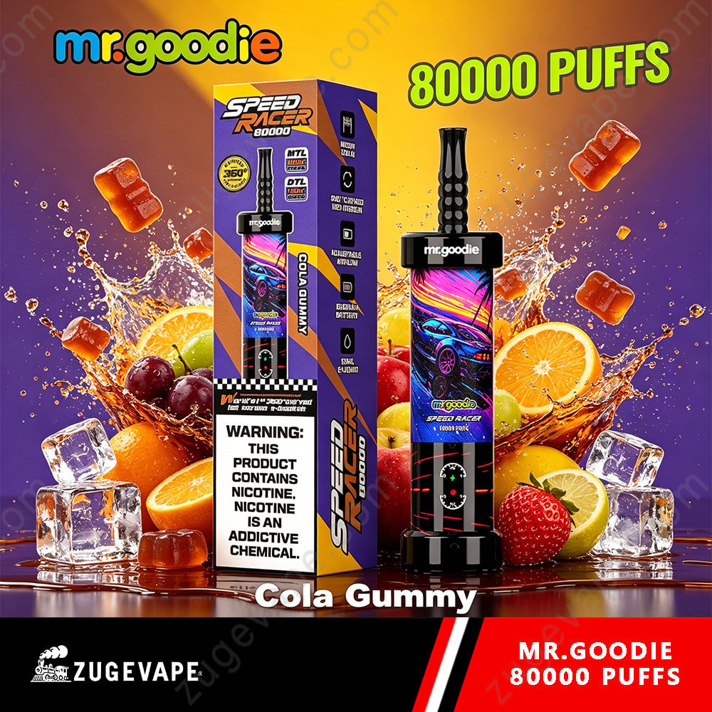 Mr. Goodie Speed Racer 80000 Puffs Dual Mode 80K Vape 8 Cola Gummy Mr. Goodie E-Liquid Packaging With A Purple Neon Background, Bottle Beside A Purple-And-Black Box, Surrounded By Fruit And Ice Cubes, 80,000 Puffs Label At Top Right.