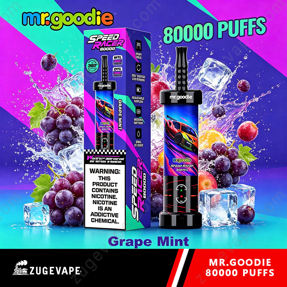 Mr. Goodie Speed Racer 80000 Puffs Dual Mode 80K Vape 7 Mr.goodie Grape Mint Vape Device With 80000 Puffs And Colorful Packaging, Featuring A Black Cartridge And Bottle Against A Purple-Blue Splash Background With Grapes And Ice Cubes