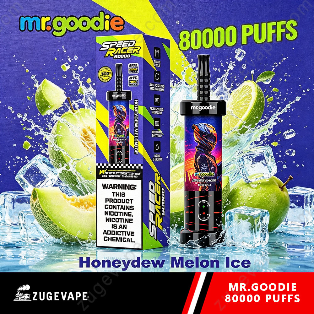 Mr. Goodie Speed Racer 80000 Puffs Dual Mode 80K Vape 6 Mr.goodie Device With Blue And Purple Packaging, A Black Vape Pod, And A Cyclist Image, Set Against Ice, Lime Slices, And Mint Leaves; Flavor Labeled Honeydew Melon Ice With “80000 Puffs” Text.