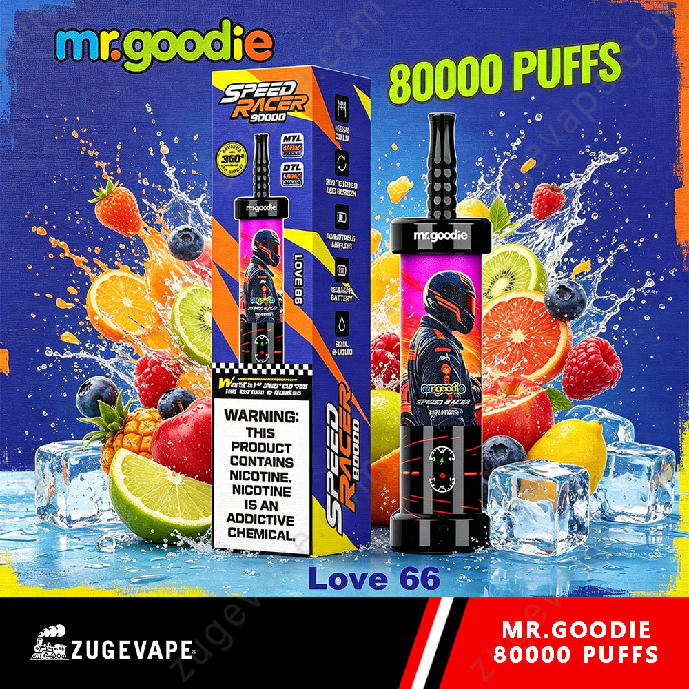 Mr. Goodie Speed Racer 80000 Puffs Dual Mode 80K Vape 5 Colorful E-Liquid Package And Vape Pen Labeled &Quot;Mr.goodie&Quot; With &Quot;80000 Puffs&Quot; And Vibrant Fruit Splash Background, Showing Love 66 Flavor.