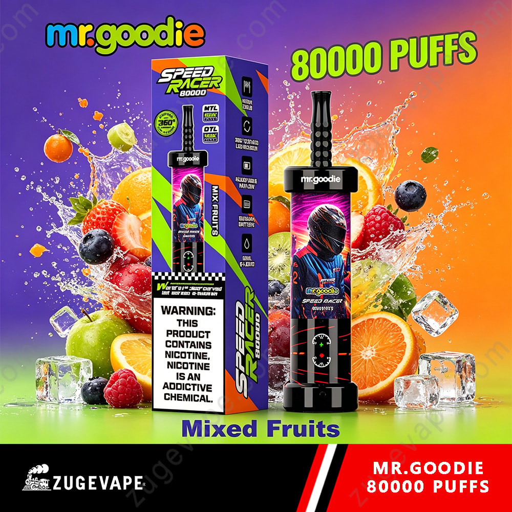 Mr. Goodie Speed Racer 80000 Puffs Dual Mode 80K Vape 4 Bright Colorful Vape Product Packaging With Fruits And Splashes, Text &Quot;Mr.goodie&Quot; And &Quot;80000 Puffs&Quot; And &Quot;Mixed Fruits&Quot; Featuring A Black Eco-Style Bottle And Boxed Vape Device.