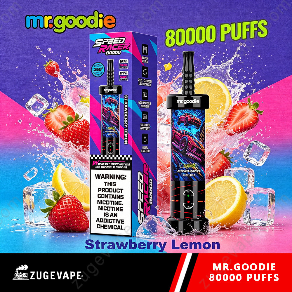 Mr. Goodie Speed Racer 80000 Puffs Dual Mode 80K Vape 3 Strawberry Lemon Mr. Goodie Vape Device Box And Bottle With Bright Blue-Pink Background, Fruit Slices, And “80000 Puffs” Text.