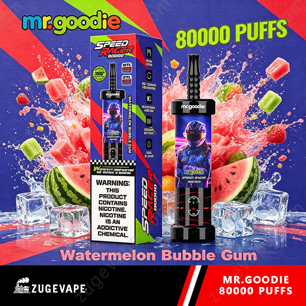Mr. Goodie Speed Racer 80000 Puffs Dual Mode 80K Vape 2 Watermelon Bubble Gum Vape Product Packaging With A Blue Pink Splash Background, Featuring A Boxed Vape And A Bottle Labeled Speed Racer, Text “80000 Puffs” And “Watermelon Bubble Gum.”