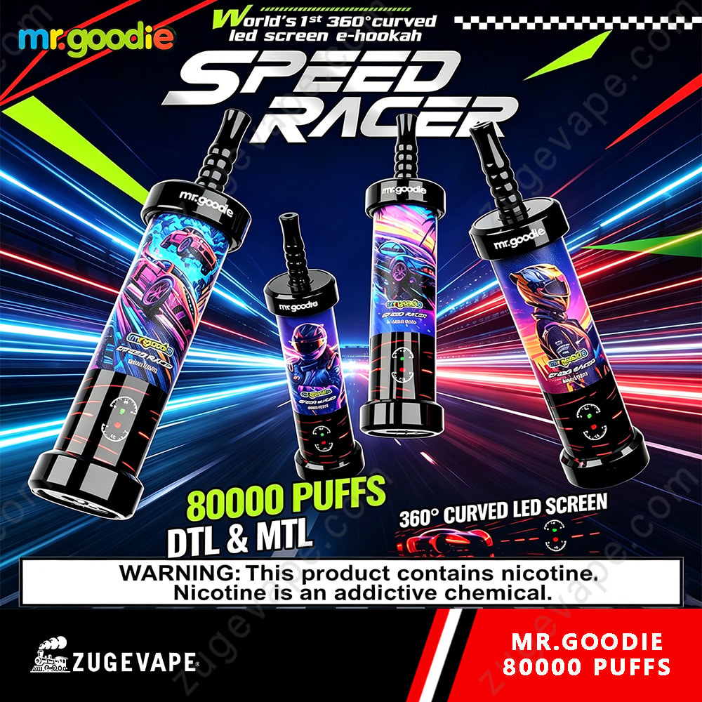 Mr. Goodie Speed Racer 80000 Puffs Dual Mode 80K Vape 1 Colorful Promotional Image For Mr. Goodie Speed Racer Vaping Devices, Showing Four Curved Led Screen E-Hookahs With Vibrant Graphics And “80000 Puffs” Text, Warning Label At Bottom.
