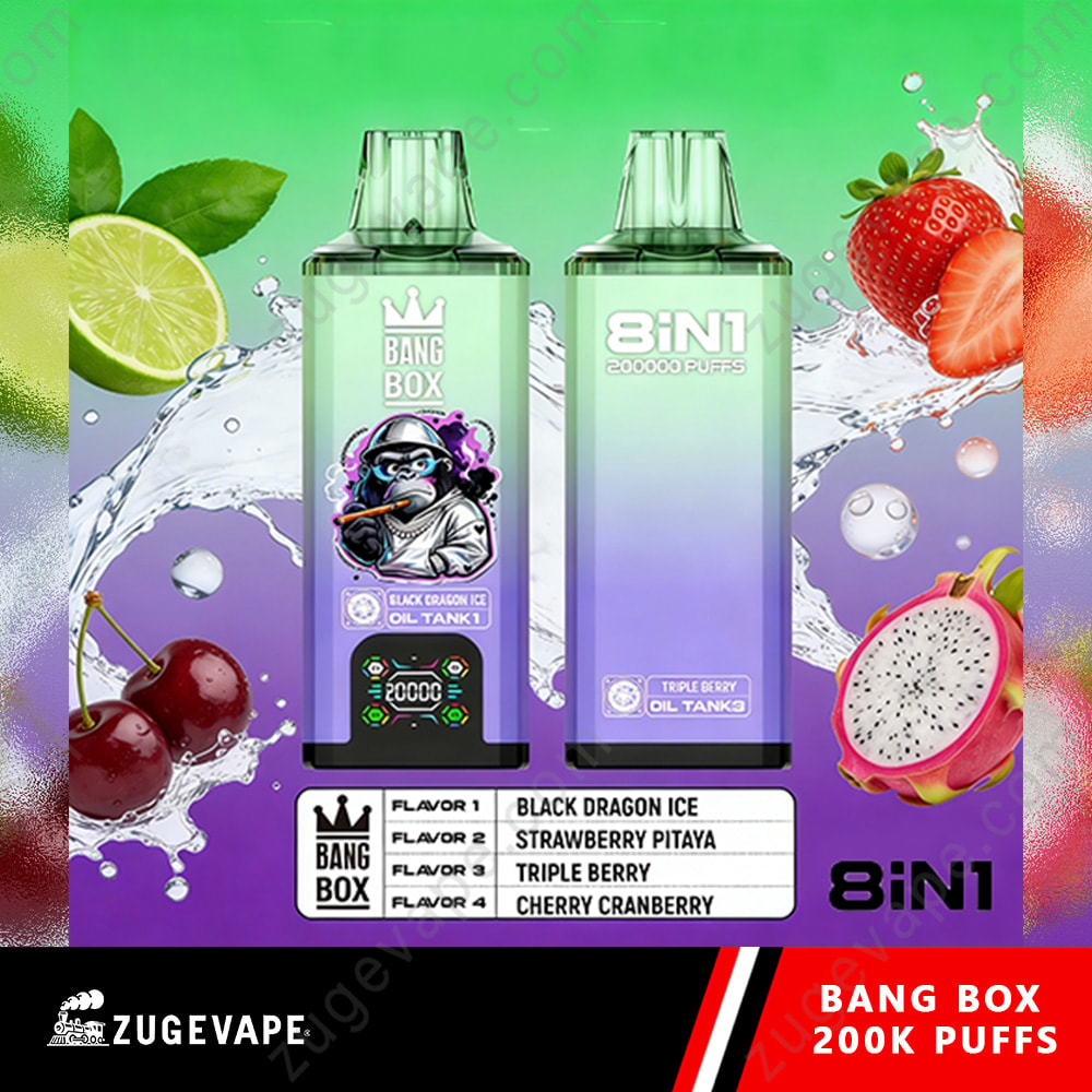 Bang Box 200K Puffs 8 In 1 Flavors 200K Vape 12 Two Tall Gradient Purple-To-Teal Vape Juice Bottles With A Cartoon Dragon Image, Surrounded By Fruits And Splash Graphics, Labeled Bang Box 8In1 Puffs.