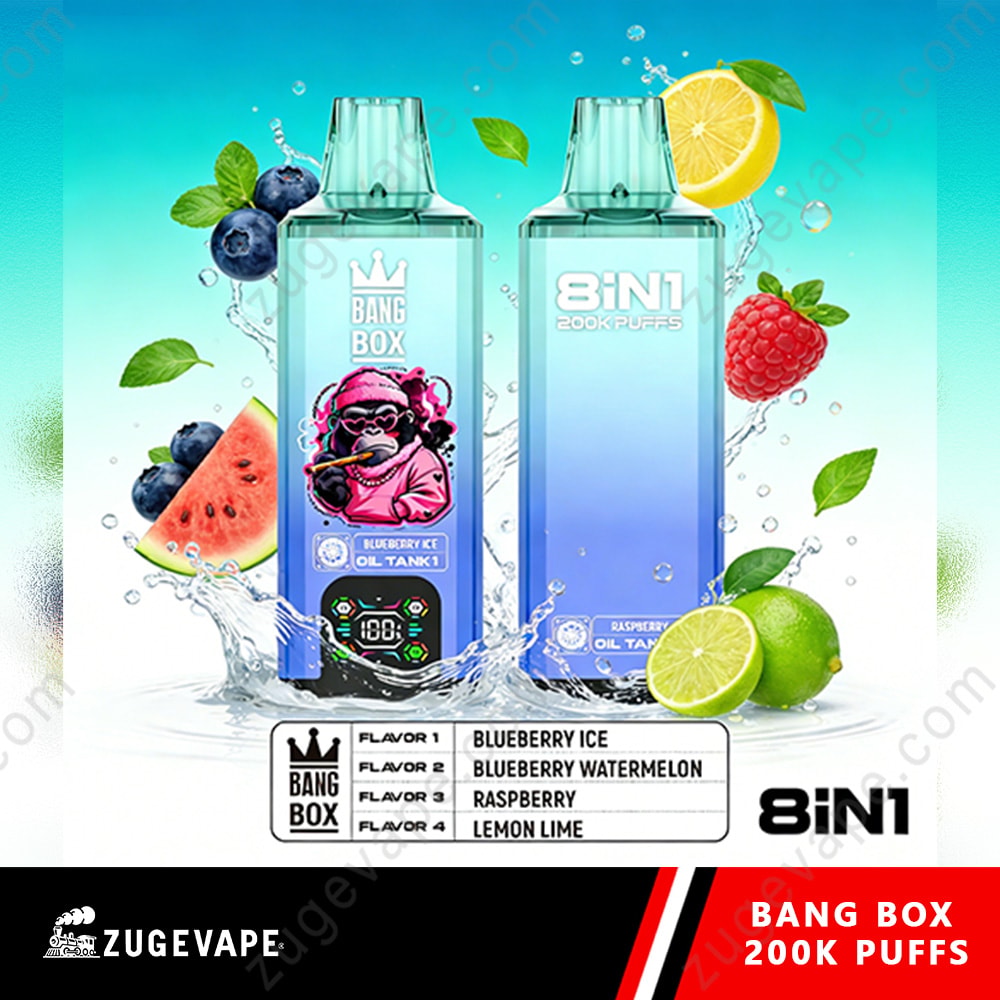 Bang Box 200K Puffs 8 In 1 Flavors 200K Vape 11 Two Vaping Devices With Blue Gradient Bottles, Surrounded By Fruits (Watermelon, Blueberries, Raspberries, Lime, Lemon, And Mint) And Splash Effects, Branding For Bang Box 8In1 200K Puffs With Flavor Chart.