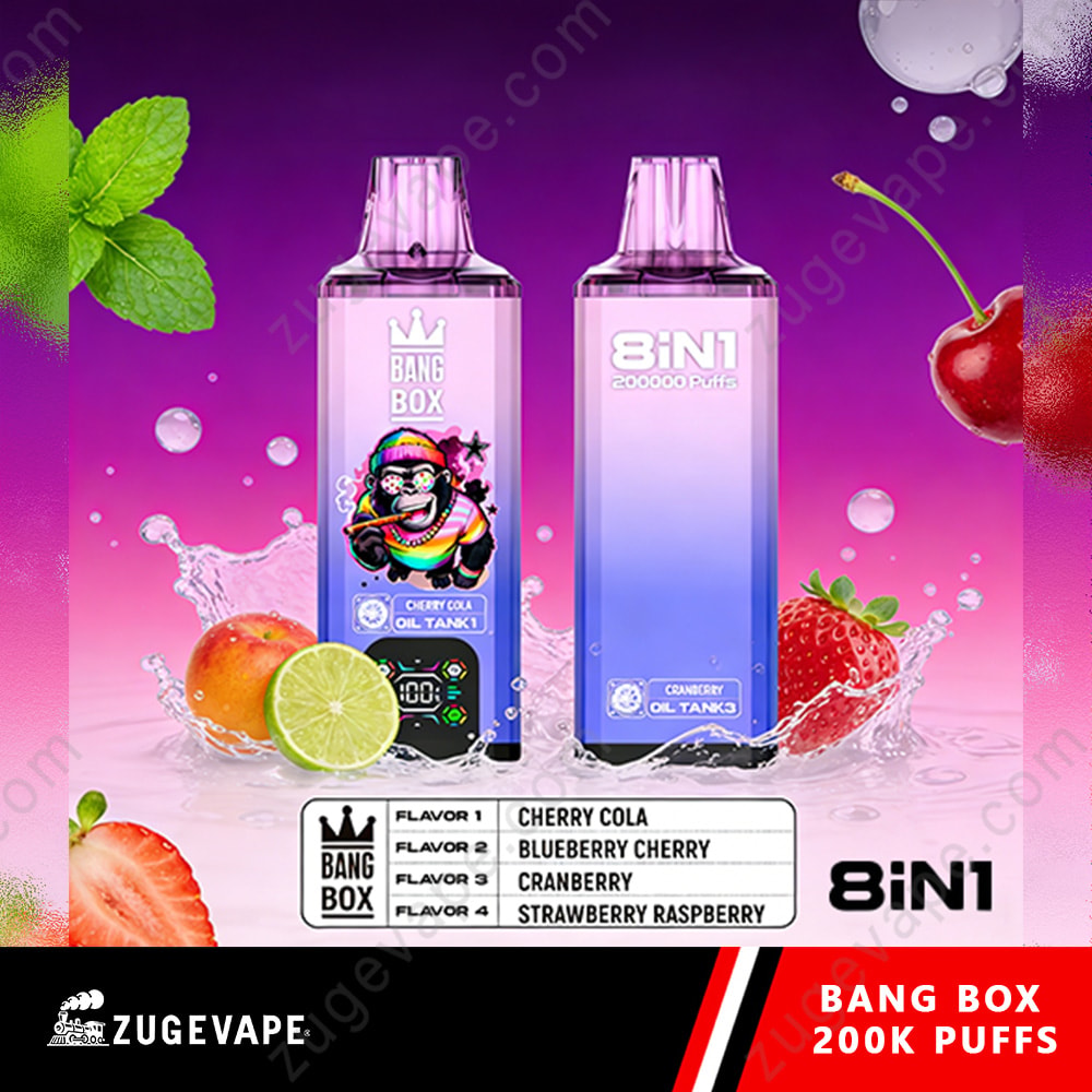 Bang Box 200K Puffs 8 In 1 Flavors 200K Vape 10 Two Purple Vape Bottles Labeled Bang Box 8In1, With Fruit Graphics (Cherry, Strawberry, Lime) And Mint Leaves, Set Against A Pink-Purple Background With Splashes And Berries.