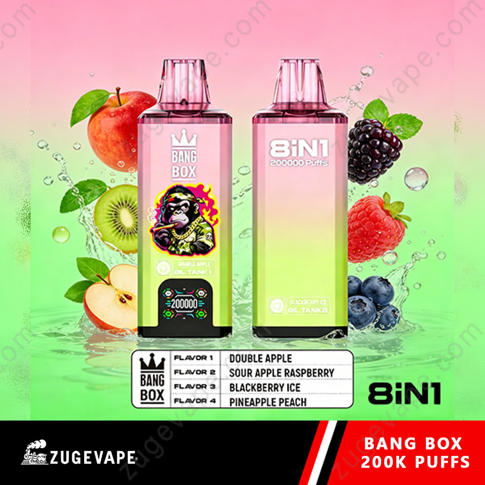 Bang Box 200K Puffs 8 In 1 Flavors 200K Vape 9 Vibrant Pink-To-Green Gradient Ad With Two Pink Vape Pods Labeled Bang Box And 8In1, Fruit Graphics (Apple, Kiwi, Berries) Around, Flavor Chart At Bottom Left, And Zigvape Branding.