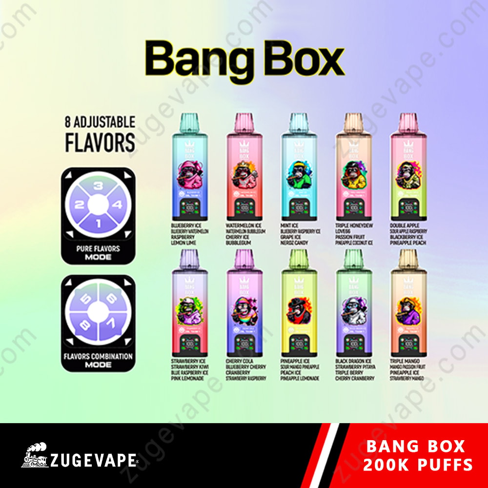 Bang Box 200K Puffs 8 In 1 Flavors 200K Vape 2 Bang Box Lineup Of 8 Adjustable Flavors With Colorful Bottles Arranged In Two Rows, Featuring A Steering Wheel Flavor Mode Icons On Left.