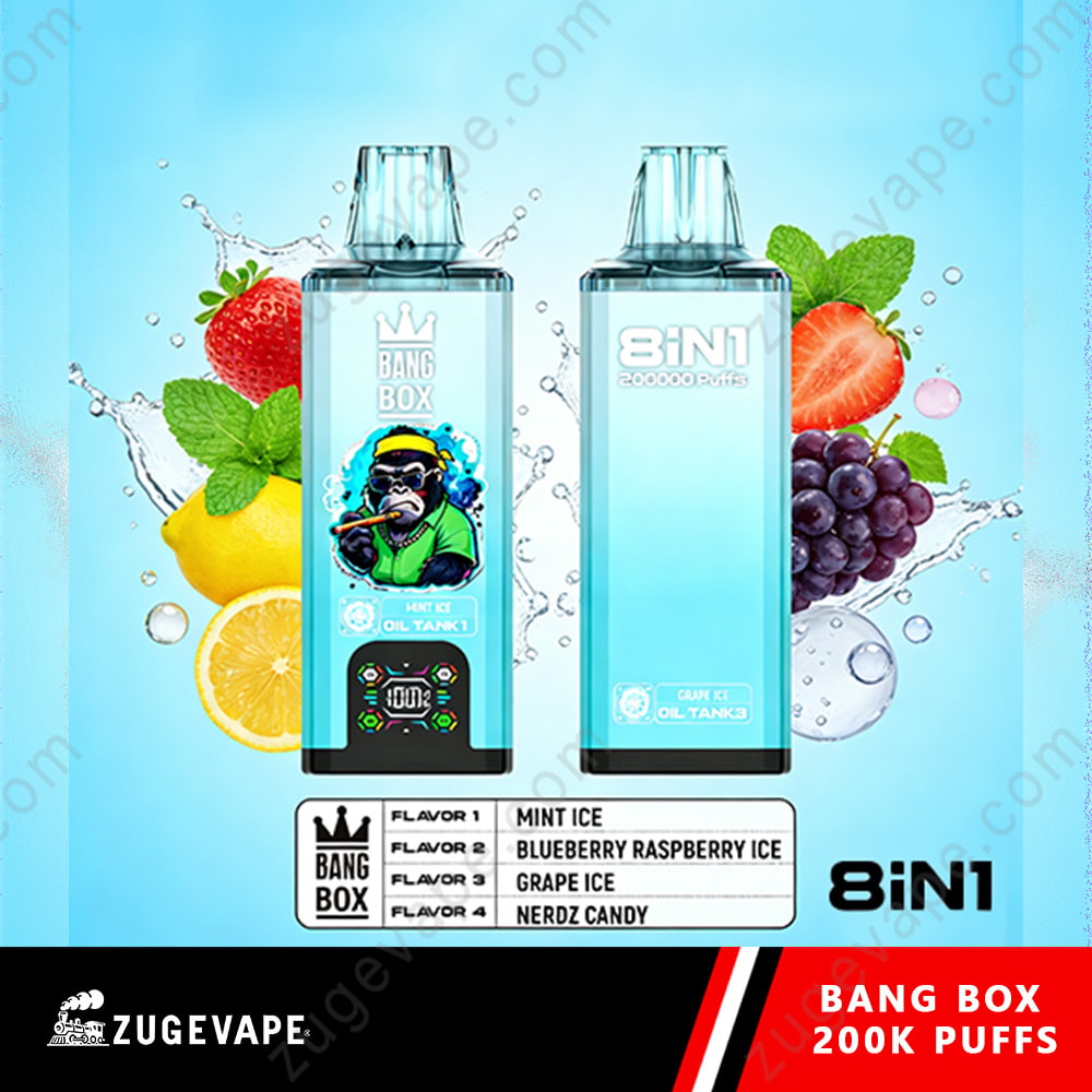 Bang Box 200K Puffs 8 In 1 Flavors 200K Vape 8 Two Blue, Rectangular Vape Bottles With Splash Effects, Labeled Bang Box And 8In1, Flanked By Lemons, Berries, And Grapes Against A Light Blue Background.