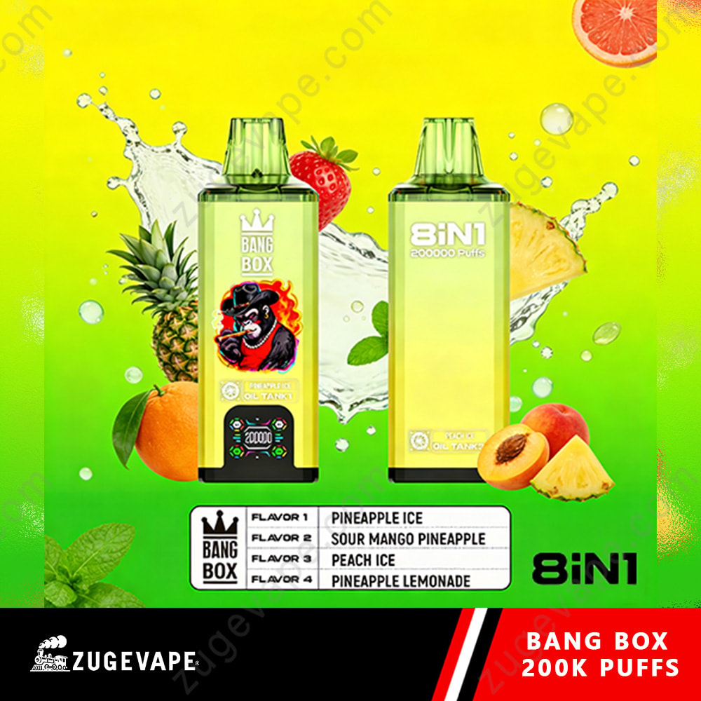 Bang Box 200K Puffs 8 In 1 Flavors 200K Vape 7 Two Green Vape Bottle Packages Labeled Bang Box 8In1, With Pineapple, Citrus Fruits, And Splash Graphics On A Bright Yellow-Green Background.