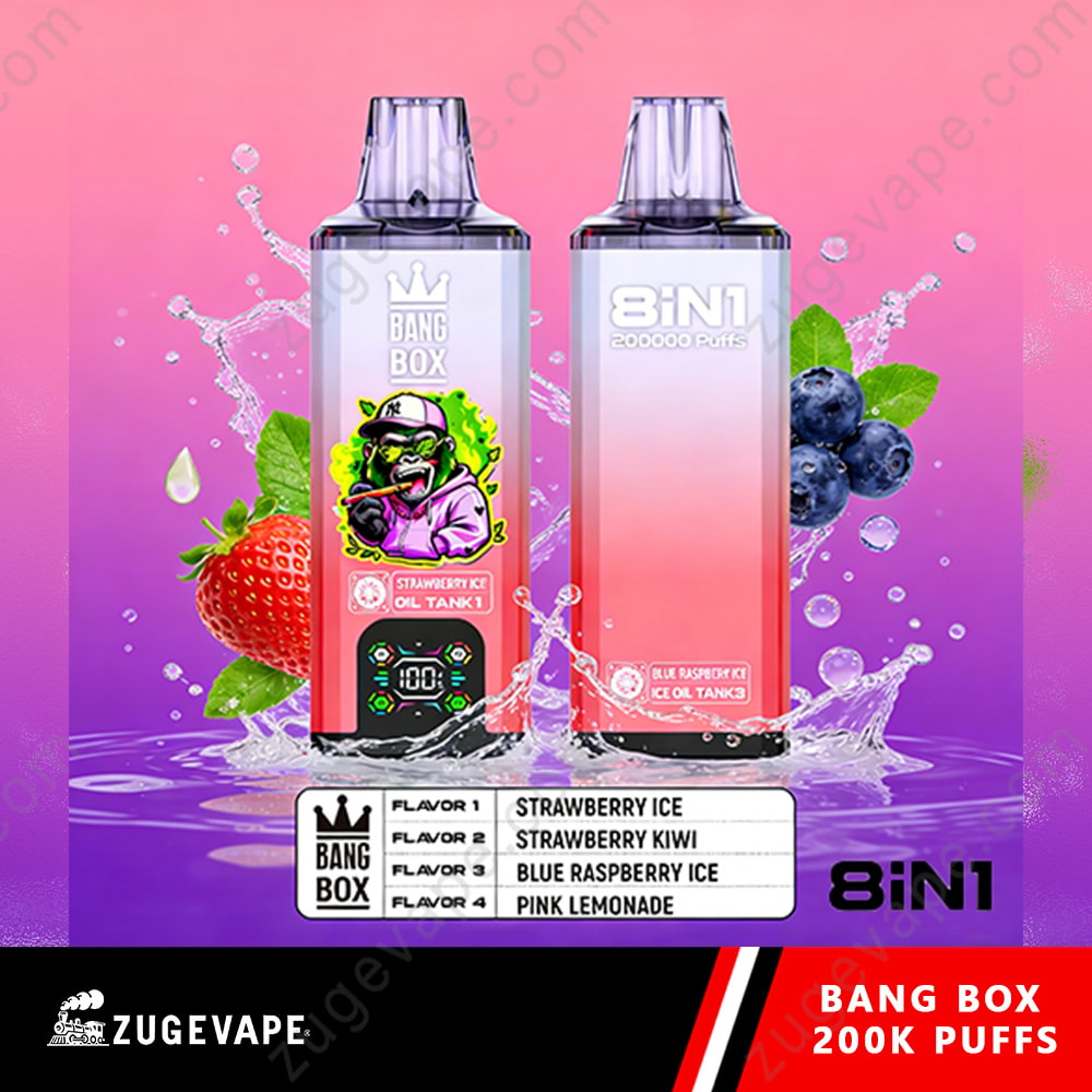 Bang Box 200K Puffs 8 In 1 Flavors 200K Vape 6 Two Vape Devices Labeled Bang Box 8In1 Stand Side By Side With Colorful Fruity Backgrounds (Strawberry, Blueberries) And Splashes Of Liquid, Flavors Listed At Bottom.