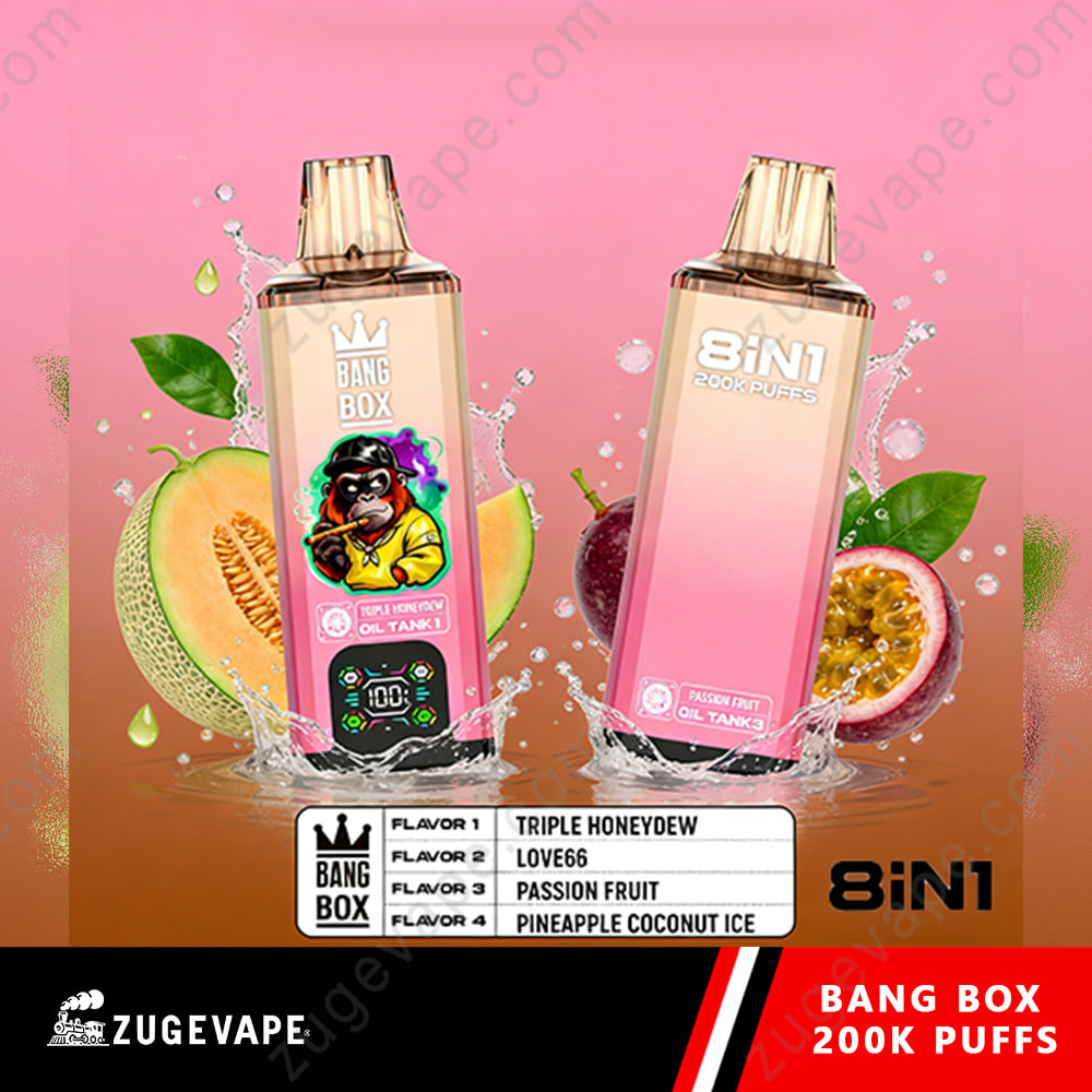 Bang Box 200K Puffs 8 In 1 Flavors 200K Vape 5 Two Electronic Cigarette Bottles Labeled Bang Box, With Tropical Fruit Flavors, Pink Gradient Background, Splash Effects, And A Flavor List At The Bottom.