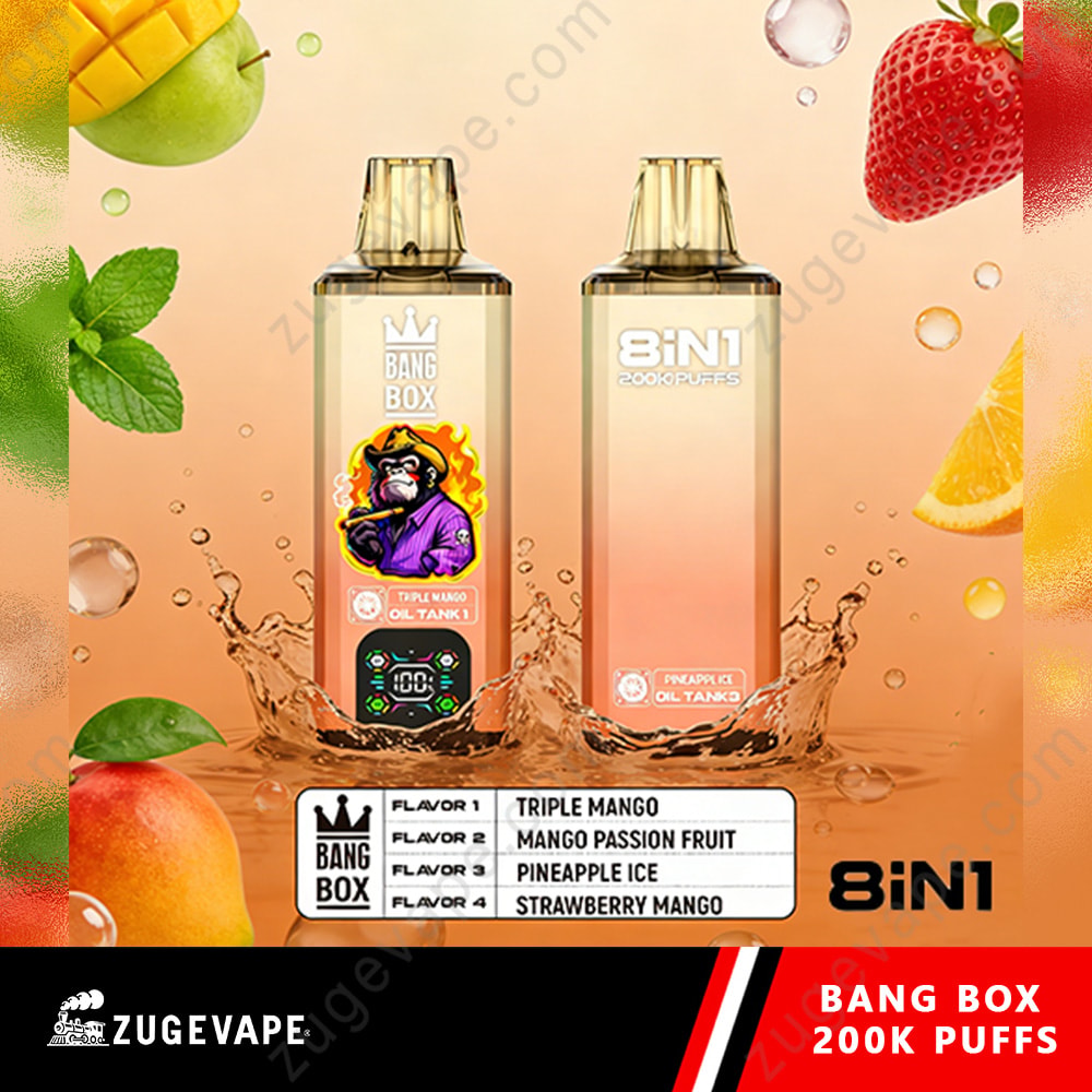Bang Box 200K Puffs 8 In 1 Flavors 200K Vape 4 Two Tall E-Liquid Bottles Labeled Bang Box 8In1 Sit In Fruity Splash With Mango, Strawberry, And Citrus Fruits Around; Flavor Lineup Shown At Bottom.