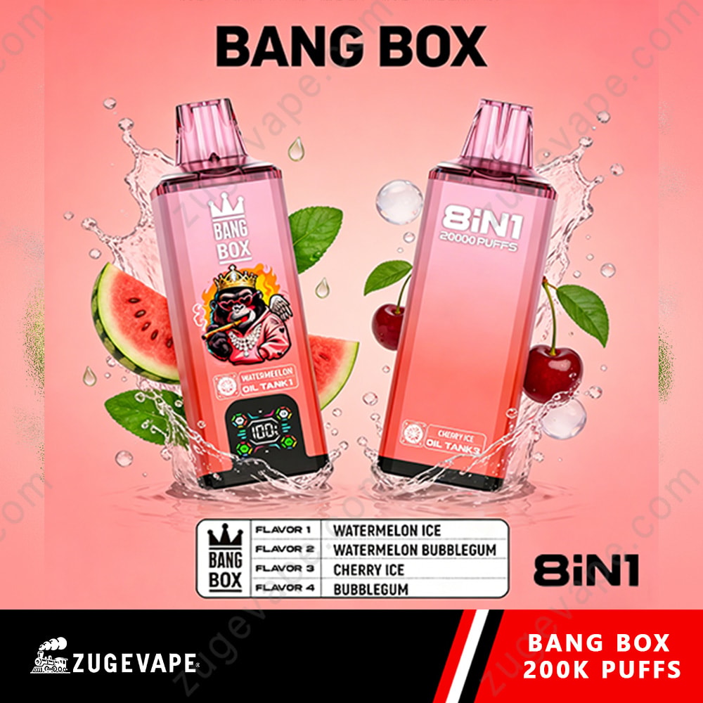 Bang Box 200K Puffs 8 In 1 Flavors 200K Vape 3 Two Pink Bang Box E-Liquid Bottles Tilted With Splashes, Labeled Flavors On A Pink Gradient Background With Watermelon, Cherry, And Leaves.