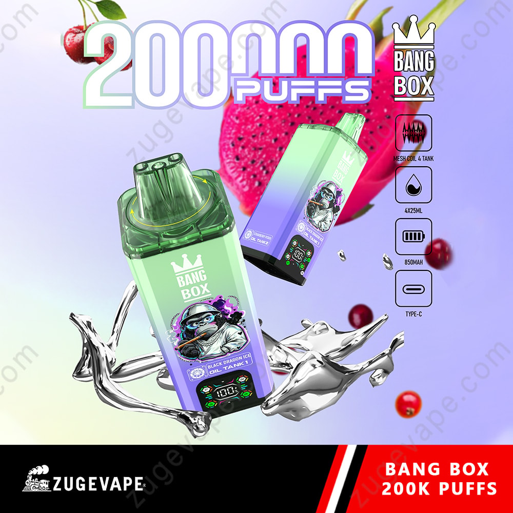 Bang Box 200K Puffs 8 In 1 Flavors 200K Vape 1 Green And Purple Bang Box Vaping Device With A Dragon Logo, Set Against A Pastel Background With Splash Shapes And A Large &Quot;200K Puffs&Quot; Text.