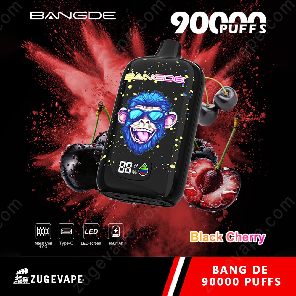 Bang De 90000 Puffs Led Screen 90K Vape 14 Small Black Vape Pod With A Colorful Monkey Graphic On The Front, Cherry Background Splashes, And The Text 9000 Puffs Black Cherry.