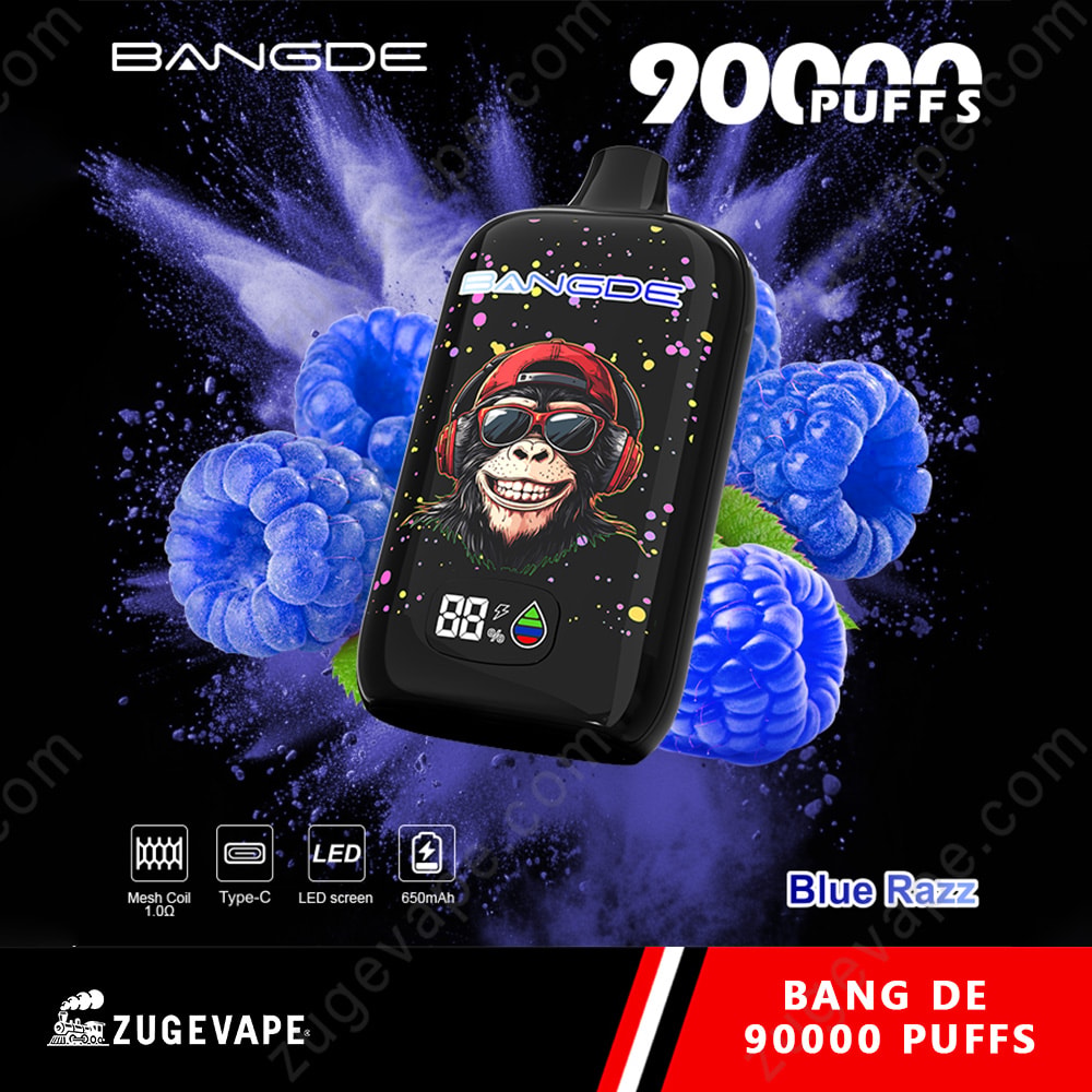 Bang De 90000 Puffs Led Screen 90K Vape 13 Compact Black Vape Device With A Colorful Splash Design, Led Display, And Blue Raspberry Flavor Branding Against A Blue Floral Background.