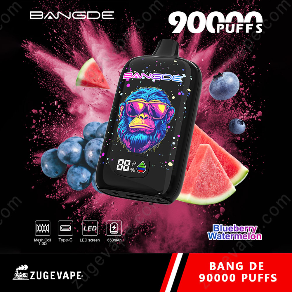Bang De 90000 Puffs Led Screen 90K Vape 12 Vape Device With Colorful Splash Background, Fruit Graphics (Blueberries, Watermelon, Watermelon Rind), Digital Display, And Led Indicators On A Black Field. Brand Text Bang De And Flavor Blueberry Watermelon Visible.