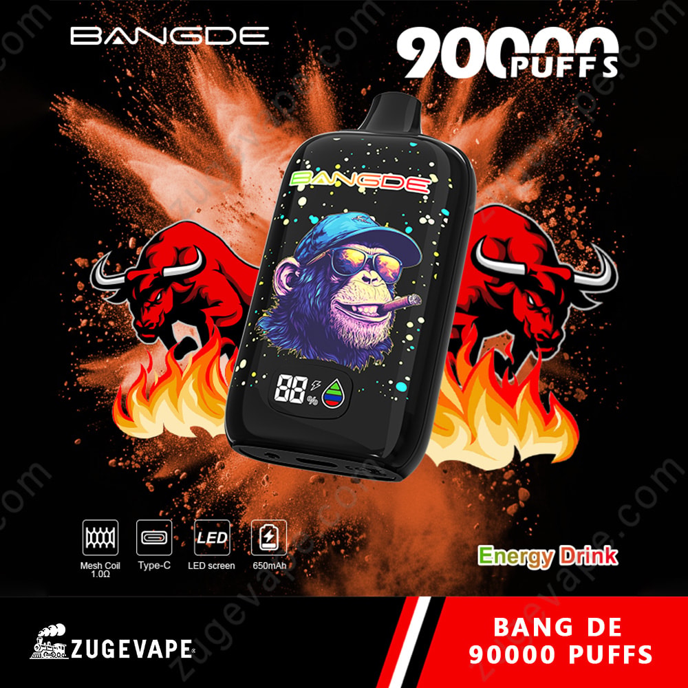 Bang De 90000 Puffs Led Screen 90K Vape 11 A Black Vaping Device With A Colorful Gorilla Graphic Wearing A Hat And Sunglasses, Set Against A Fiery Background With Red Bull Logos, Flames, And Energy Drink Branding.
