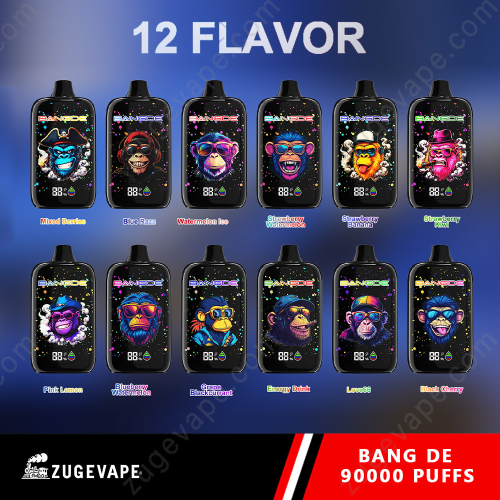Bang De 90000 Puffs Led Screen 90K Vape 2 Assorted Vape Bottles With Colorful Chimpanzee Artwork Labeled With Flavors, Arranged In Two Rows Of Six On A Blue Gradient Background.